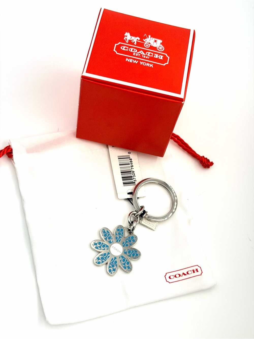 NWT Vintage Coach Blue Enamel Daisy Flower Keychain / Bag Charm w/Box and Bag